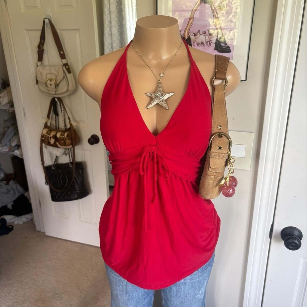 y2k 2000s romantic red halter tie front babydoll top